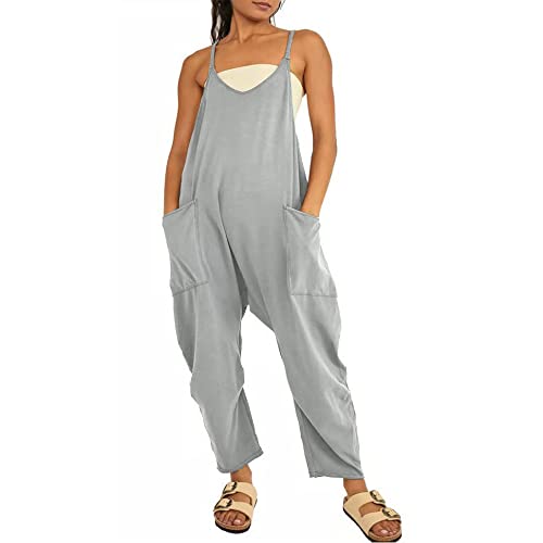 Godoboo Damen Loose Jumpsuit Baggy Oversize Latzhose Ärmellos Overall Strampler Overall Rompers Wide Leg Playsuit Retro Arbeitshose Baumwolle Jumpsuit mit Große Taschen Arbeitshose von Godoboo