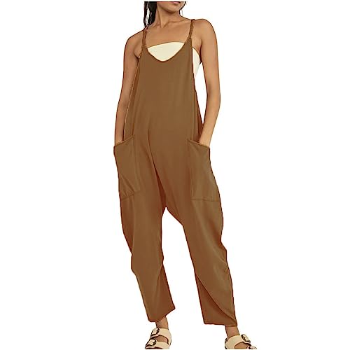 Godoboo Damen Loose Jumpsuit Baggy Oversize Latzhose Ärmellos Overall Strampler Overall Rompers Wide Leg Playsuit Retro Arbeitshose Baumwolle Jumpsuit mit Große Taschen Arbeitshose von Godoboo