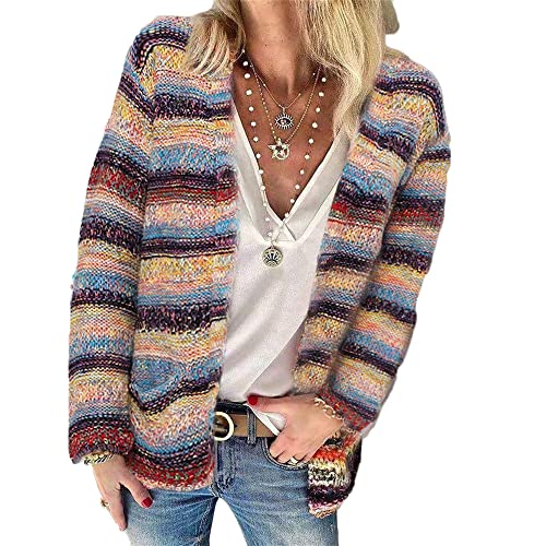 Godoboo Damen Strickjacke Regenbogen Cardigan Pullover Winter Strickpullover Elegant Offen Langarm Outwear Strickmantel Warm Strickpullover Herbst Winter Strickcardigan von Godoboo