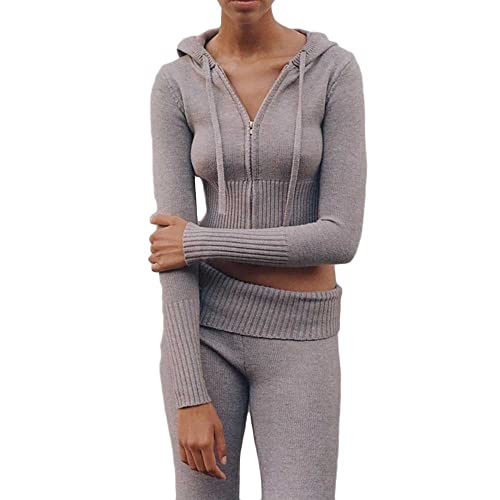 Godoboo Damen Y2K Gerippte langärmlige Trainingsanzug Sportanzug Set Gestrickte Vintage Sweatshirts mit Hose Kleidung Set 2 Teiliges Langarm Hosenanzug von Godoboo