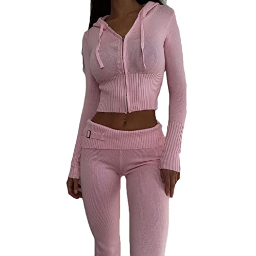 Godoboo Damen Y2K Gerippte langärmlige Trainingsanzug Sportanzug Set Gestrickte Vintage Sweatshirts mit Hose Kleidung Set 2 Teiliges Langarm Hosenanzug von Godoboo