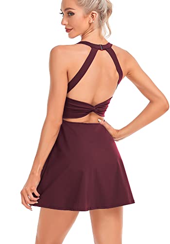 Damen V Ausschnitt Alltag Minikleid mit Eingebauten BHs Crisscross Rückenfrei Barre Ballett Tanz Flared Kleid für Party Clubwear, claret, X-Groß von gofiep