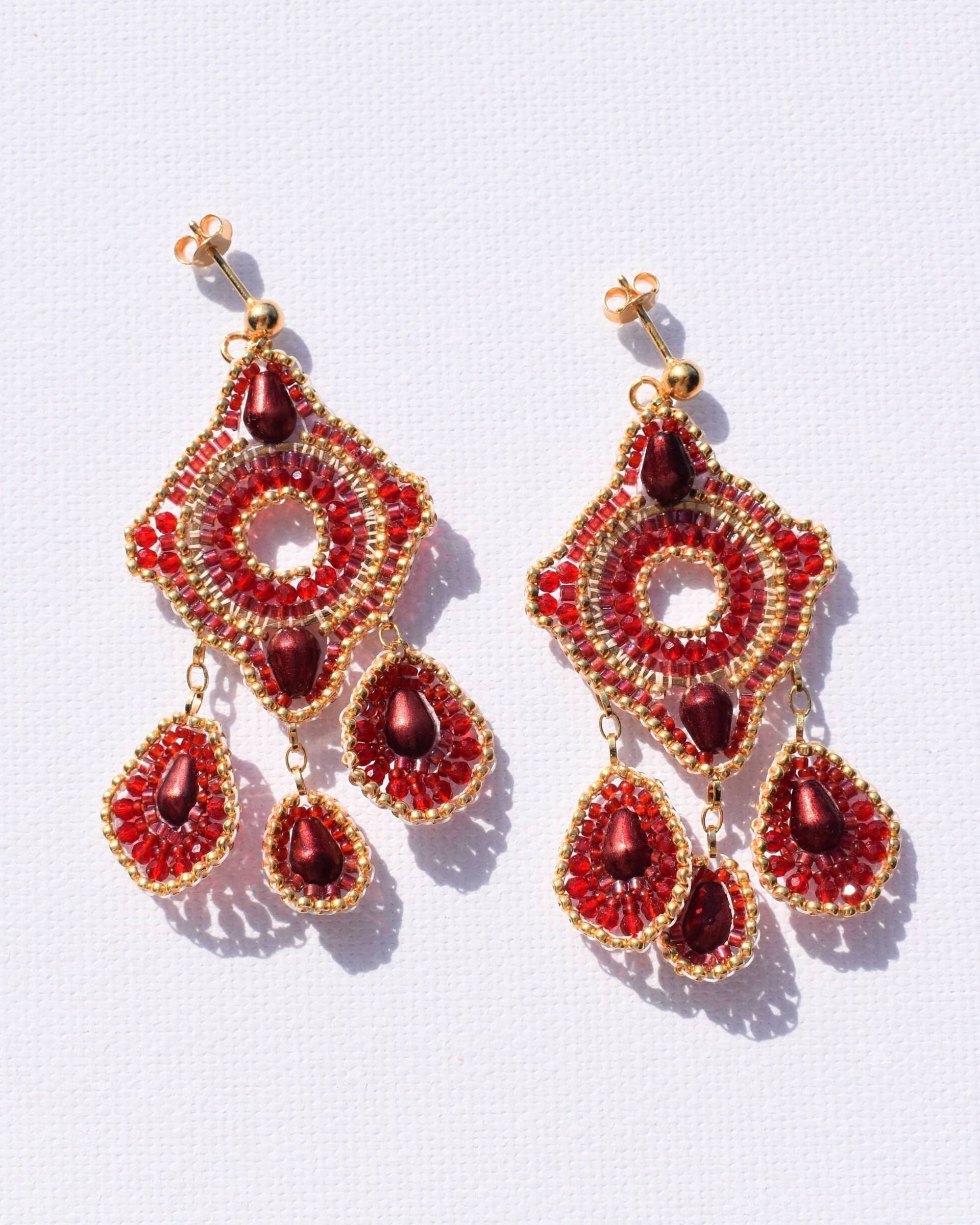 Handmade Miyuki Bead Earrings | Glass Seed Beads Red Gold Dangle Pomegranate Pearl von goldblumerl