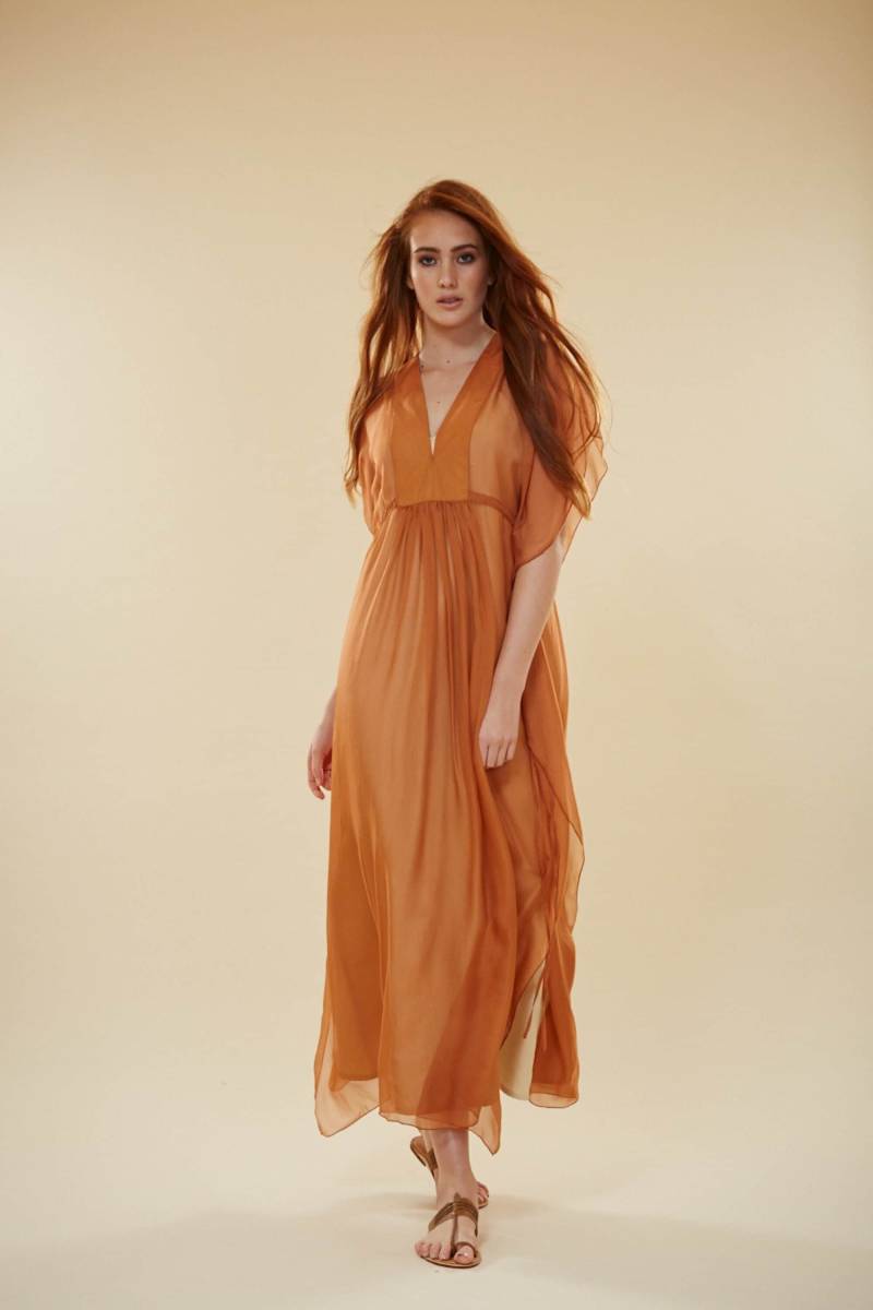 Langes Rein Seiden Kleid 2Teilig Mit Baumwoll Unterkleid. Erline Kupfer Maxi Kleid.beach, Lässig, Anlass von goldenoneclothing