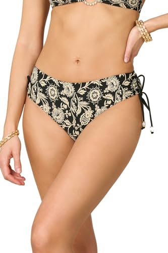 Goldenpoint Damen-Badeanzug Bijoux Exotic Garde – niedriger Teil des Bikinis – Slip an der Hüfte unten mit Kordelzug und Perlen aus Mikrofaser Blumenmuster, Schwarz , L von goldenpoint