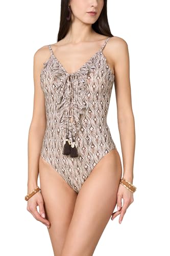 Goldenpoint Damen Badeanzug Sauvage – Einteiliger Badeanzug mit Dreieck mit verstellbaren Trägern und Unterbruststütze mit herausnehmbaren Cups aus Mikrofaser ethnisches Muster, Braun und Elfenbein von goldenpoint