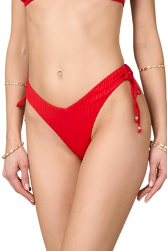 Goldenpoint Damen-Badeanzug Waves – niedriger Teil des Bikinis – Slips in V-Ausschnitt mit seitlichem Kordelzug doppelt mit Jacquard-Verarbeitung einfarbig, Dunkelrot, L von goldenpoint