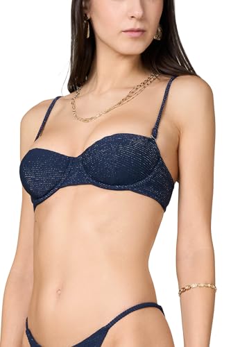 Goldenpoint Damen-Badeanzug mit Rippenstruktur, Oberteil des Bikinis mit Bügel und abnehmbarer Polsterung in Rippenoptik, einfarbig mit Lurex, blau, 85B von goldenpoint
