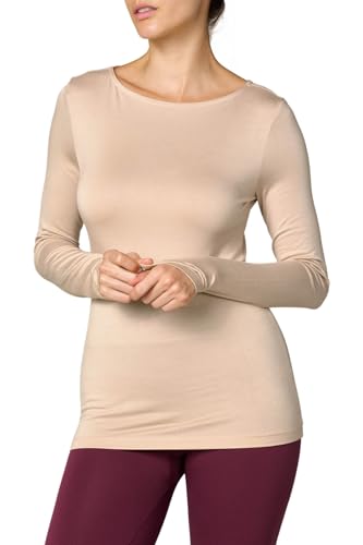Goldenpoint Damen-Oberteil mit Bootsausschnitt und langen Ärmeln aus elastischem Viskose-Mischgewebe mit normaler Länge und schmaler Passform, Nude, XL von goldenpoint
