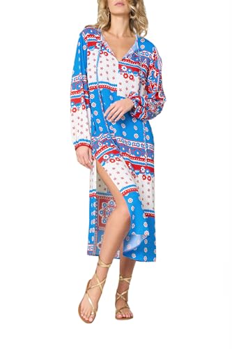 Goldenpoint Damen Sommerkleid Bandana - Langes Kleid mit langen Ärmeln und Bindebändern am Ausschnitt aus Viskose Muster Bandana Multicolor, mehrfarbig, L von goldenpoint