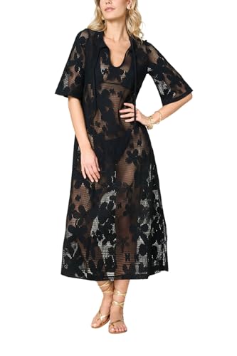 Goldenpoint Damen Sommerkleid Filet - Langes kurzärmliges Kleid aus Spitze mit Blumenmuster einfarbig, Schwarz , M/L von goldenpoint