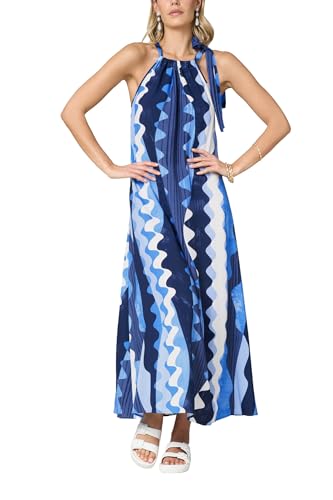 Goldenpoint Damen Sommerkleid Sea Symphony - Langes ärmelloses Kleid mit Halter, geometrisches Muster, blau, M/L von goldenpoint
