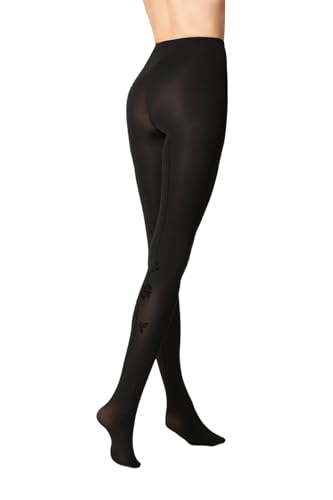 Goldenpoint Damen-Strumpfhose mit Streifen hinten mit Blumenflock, anatomischem Riemen und hygienischem Zwickel, Schwarz , Small-Medium von goldenpoint