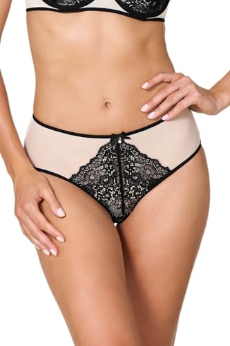 Goldenpoint Damenunterwäsche – Unterteil des Unterwäsche-Sets – hoher Hüft-Slip aus Mesh mit Spitze, Schwarz , S von goldenpoint