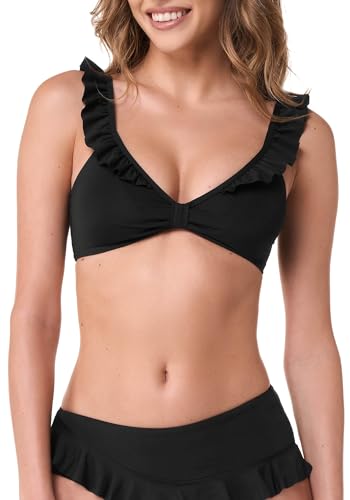 goldenpoint Bikini für Damen Badeanzug einfarbiger Triangel-BH mit Raffung, Schwarz, Größe 85 von goldenpoint