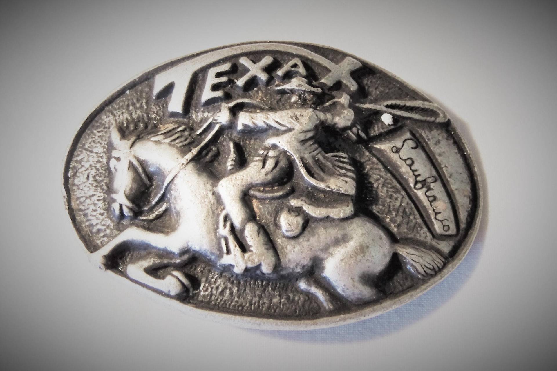 Altsilberfarbene Große Gürtelschnalle Texas Mit Reiter, Robuste Derbe Schließe Für Gürtel 70Er Jahre, Hobbyschneiderei, Art 627191493 von goldknoepfchen