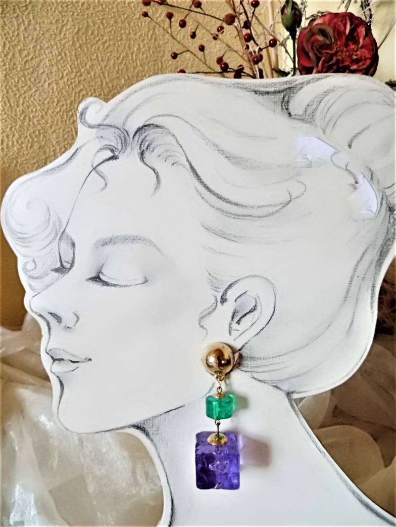 Funkelnde Ohrclips Als Hänger Viereckig Grün Lila Oder Gelb Mit Goldfarben Der 80Er Jahre, Geschenk Für Frauen, Art 869658363 von goldknoepfchen