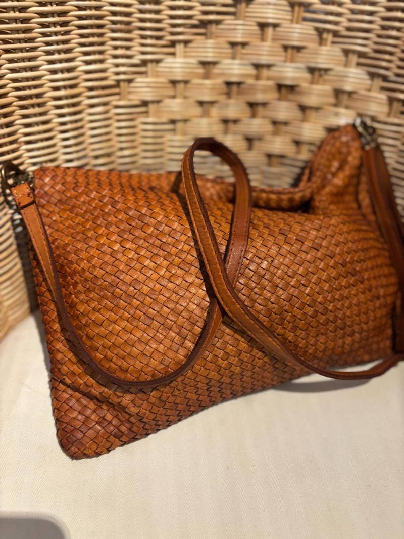 Damen Tasche Geflochten Aus Leder Cognac von goldnadeldesignn