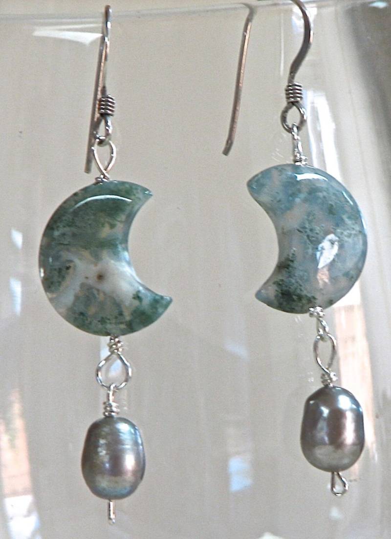 Baum Agate Mond-Förmigen Silber Perlen-Ohrringe von gollycool