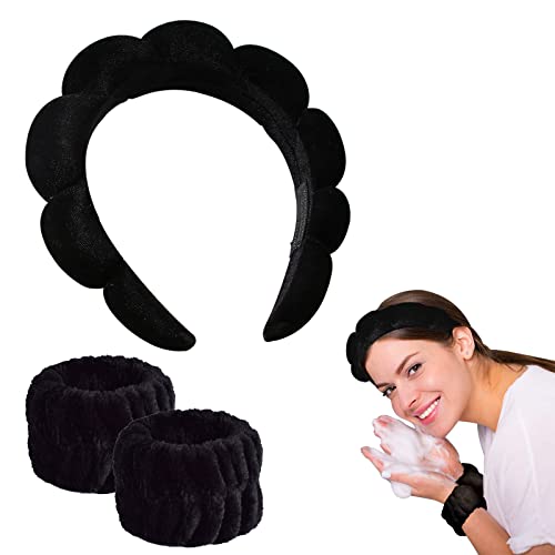 3-teiliges Spa-Stirnband-Handgelenk-Waschband-Set, Schwamm und Frottee-Handtuch, Stirnband, Make-up-Stirnband und Mikrofaser-Armband für Frauen und Mädchen, Dusche, Gesichtsmaske (schwarz) von golshine