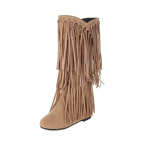 gongxifacai Damen Westernstiefel mit Fransen, modisch, versteckter Absatz, kniehohe Stiefel, Beige, 42.5 EU gongxifacai Damen Westernstiefel mit Fransen, modisch, versteckter Absatz, kniehohe Stiefel, Beige, 42.5 EU von gongxifacai