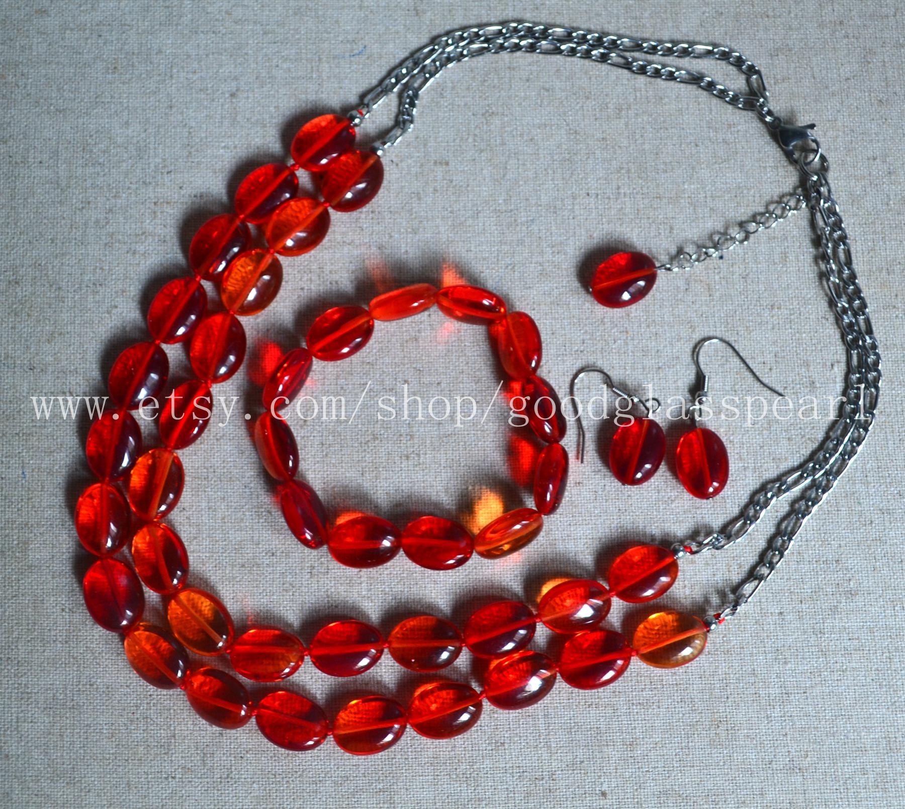 Doppel Stränge Rote Perlen Halskette Armband Ohrringe Sets, Ovale Glasperlen, Statement-Halskette von goodglasspearl