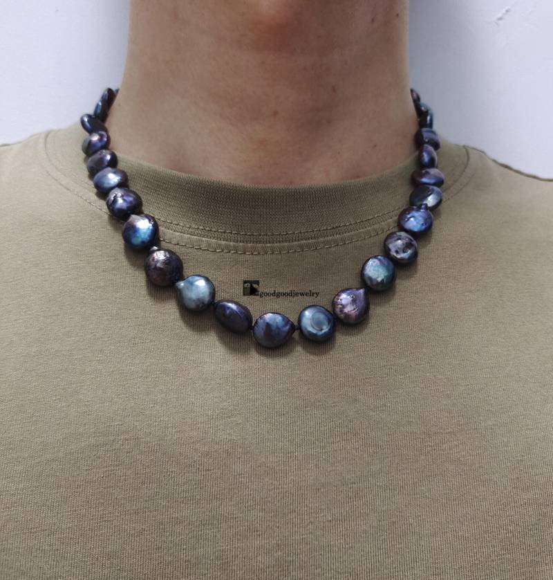 Pfau Schwarze Münze Perle Halskette, 10-11 Mm Echte Süßwasserperle Hochzeit Mutter Frauen Geschenk Für Sie von goodgoodjewelry