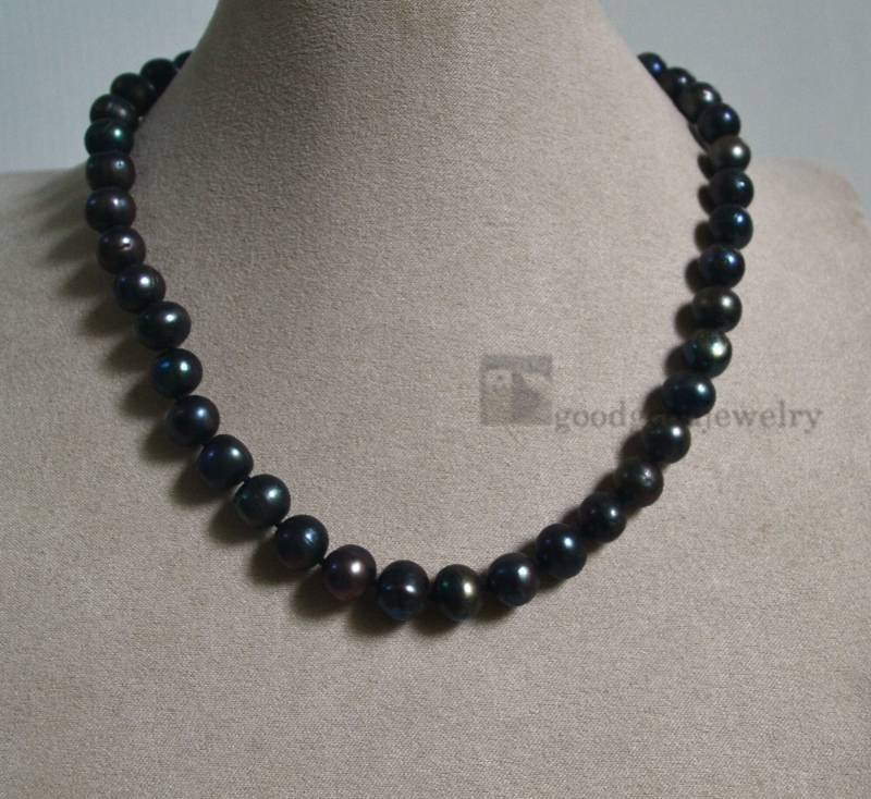 Pfau Schwarze Perlenkette, 17 Zoll 8-10mm Süßwasser Hochzeitsschmuck, Echte Perlenkette von goodgoodjewelry