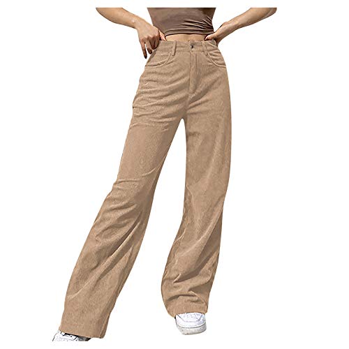 goodjinHH Damen Y2K Cord Hosen Hoher Taille Gerade Einfarbige Corduroy Pants Vintage Loose Casual Hosen mit Taschen Cordhosen Lang Hose (Beige, S) von goodjinHH 01