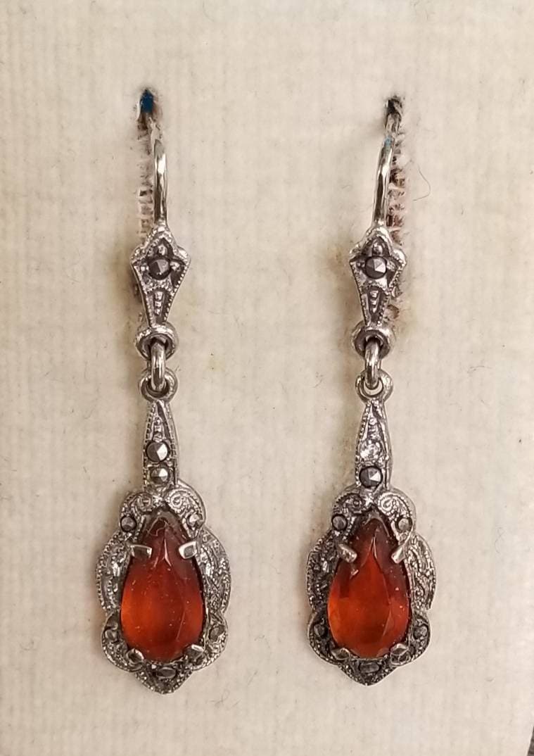 Jahrgang Markasit Art Deco Ohrringe, Ohrringe Sterling Silber 925 Brisur, 1950, , Kristall Quarzohrringe von goodkarmanyc