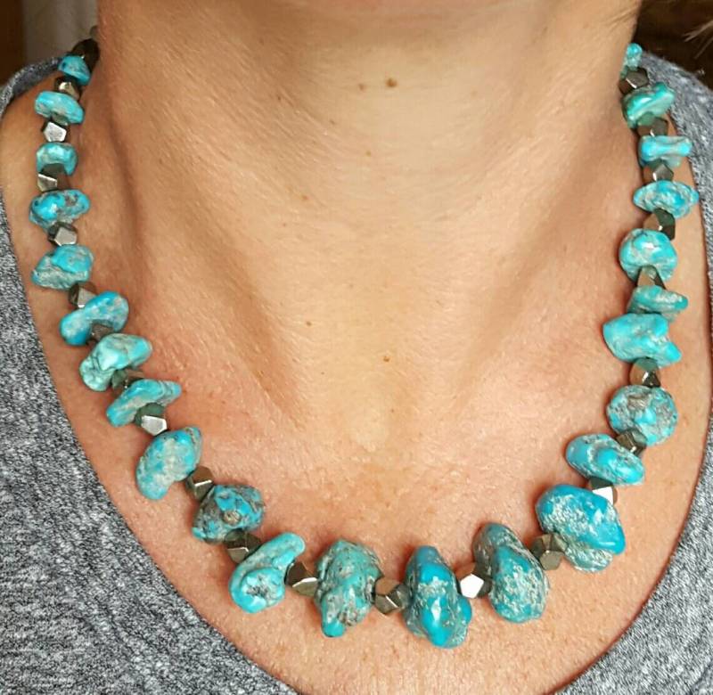 Morenci Türkis Nugget Und Pyrit Halskette, Karen Hill Tribe, Südwesten Türkis, Arizona Schmuck, Natürliche von goodkarmanyc