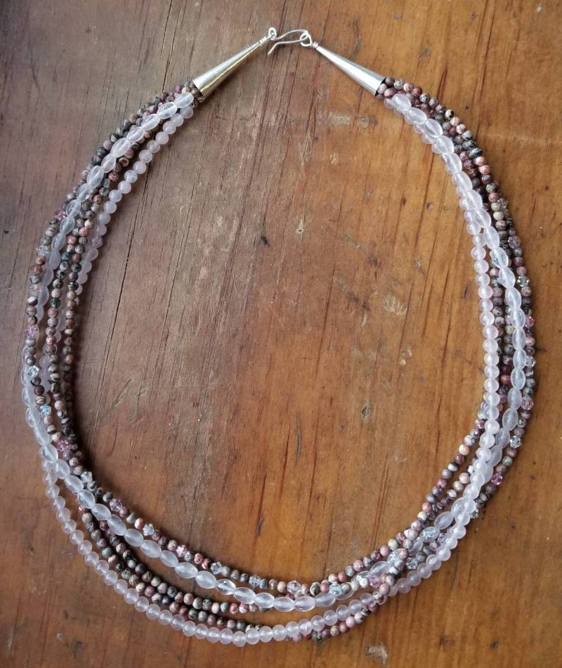 Multistrand Rosenquarz Rosa Jasper Swarovski Kristall Halskette, Geschichtet, Schmuck, Kette von goodkarmanyc