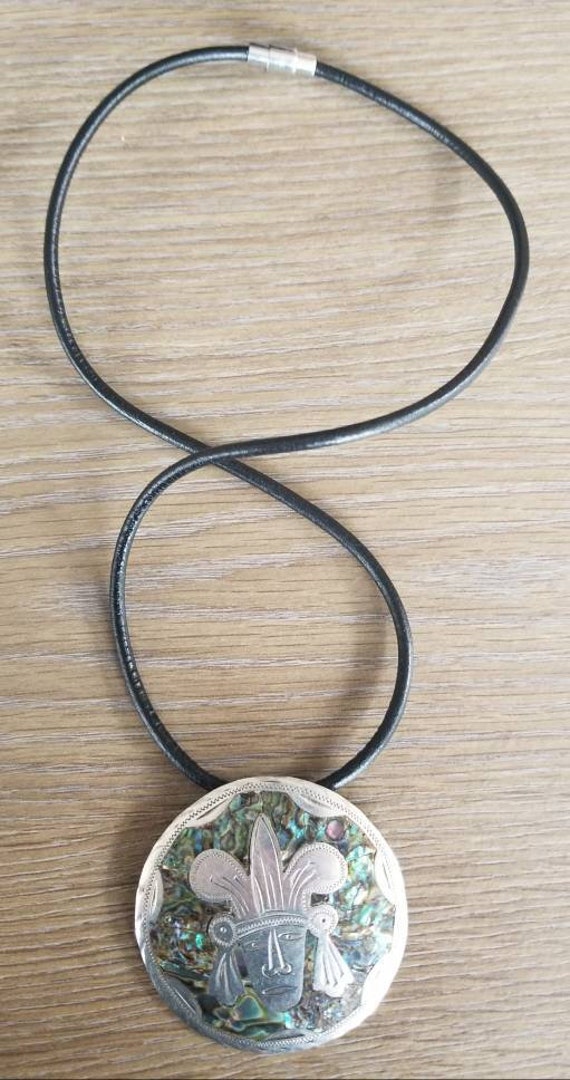 Vintage Azteken Stammes Sterling Silber Abalone Anhänger Halskette, Jahrgang Taxco Mexico Brosche, Halskette von goodkarmanyc