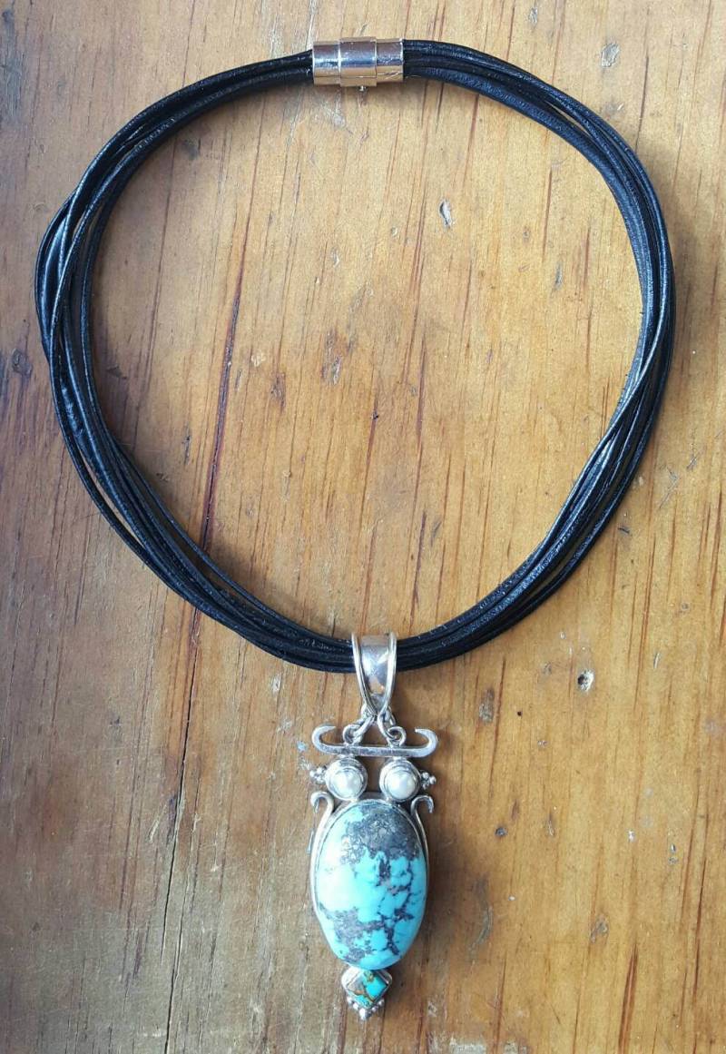 Vintage Türkis Und Sterling Silber Taxco Mexico 925 Anhänger, Leder Halskette, Anhänger Schmuck von goodkarmanyc