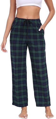 goodmansam Damen Lang Karierte Pyjamahose 100% Baumwolle Schlafanzughose Weich Nachtwäsche Hose Leichte Freizeithose Loungehose mit Taschen und Kordelzug, Blau Grün, M von goodmansam