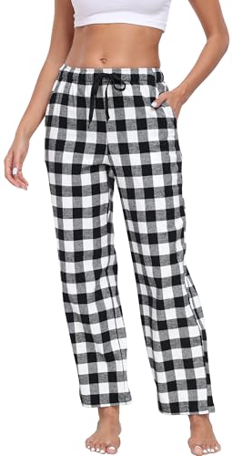 goodmansam Damen Lang Karierte Pyjamahose 100% Baumwolle Schlafanzughose Weich Nachtwäsche Hose Leichte Freizeithose Loungehose mit Taschen und Kordelzug, Schwarz Weiß, XL von goodmansam