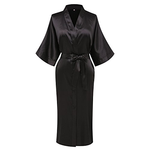 goodmansam Damen Satin Kimono Bademantel Lang Seidig Bademantel Brautjungfer Nachtwäsche für Hochzeit Party Getting Ready, Pure Black3, Large von goodmansam