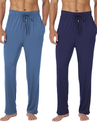 goodmansam Herren Lange Schlafanzughose Weich Pyjamahose Freizeithose Leichte Pyjamaunterteil Yogahose mit elastischem Bund und geradem Schnitt, Blau/Dunkel Blau, XL von goodmansam