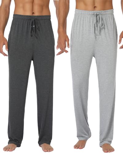 goodmansam Herren Lange Schlafanzughose Weich Pyjamahose Freizeithose Leichte Pyjamaunterteil Yogahose mit elastischem Bund und geradem Schnitt, Dunkel Grau/Licht Grau, 2XL von goodmansam