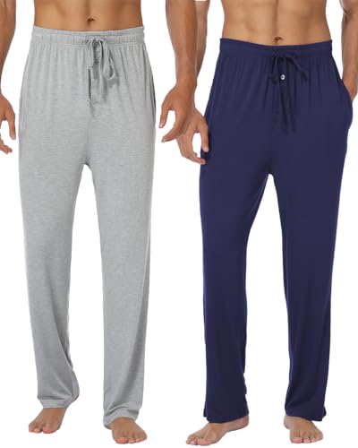 goodmansam Herren Lange Schlafanzughose Weich Pyjamahose Freizeithose Leichte Pyjamaunterteil Yogahose mit elastischem Bund und geradem Schnitt, Licht Grau/Dunkel Blau, 3XL von goodmansam