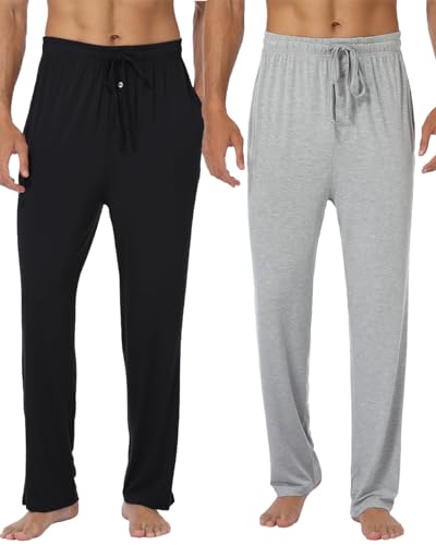goodmansam Herren Lange Schlafanzughose Weich Pyjamahose Freizeithose Leichte Pyjamaunterteil Yogahose mit elastischem Bund und geradem Schnitt, Schwarz/Licht Grau, 2XL von goodmansam