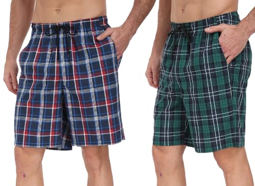 goodmansam Herren Schlafanzughose Kurz Baumwoll Kariert Pyjamahose Sommer weiche Nachtwäsche Schlafshorts mit Taschen verstellbare Taille, Dunkel Blau/Grün Weiß, M von goodmansam