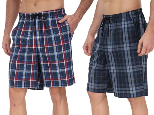 goodmansam Herren Schlafanzughose Kurz Baumwoll Kariert Pyjamahose Sommer weiche Nachtwäsche Schlafshorts mit Taschen verstellbare Taille, Dunkel Blau/Schwarz Blau, M von goodmansam