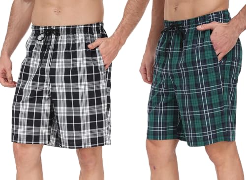 goodmansam Herren Schlafanzughose Kurz Baumwoll Kariert Pyjamahose Sommer weiche Nachtwäsche Schlafshorts mit Taschen verstellbare Taille, Schwarz Weiß/Grün Weiß, M von goodmansam