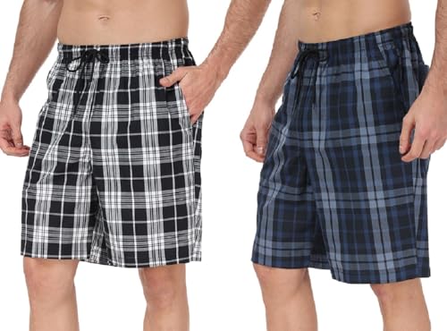 goodmansam Herren Schlafanzughose Kurz Baumwoll Kariert Pyjamahose Sommer weiche Nachtwäsche Schlafshorts mit Taschen verstellbare Taille, Schwarz Weiß/Schwarz Blau, XL von goodmansam