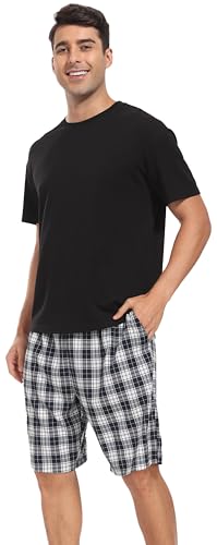 goodmansam Schlafanzug Herren Kurz Pyjama Kurzarm Zweiteiliger Pyjama Set Nachtwäsche Sommer Rundhals Schwarz Oberteil und Blau Weiß Karierte Schlafanzughose, L goodmansam Schlafanzug Herren Kurz Pyjama Kurzarm Zweiteiliger Pyjama Set Nachtwäsche Sommer Rundhals Schwarz Oberteil und Blau Weiß Karierte Schlafanzughose, L von goodmansam