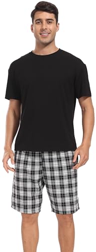 goodmansam Schlafanzug Herren Kurz Pyjama Kurzarm Zweiteiliger Pyjama Set Nachtwäsche Sommer Rundhals Schwarz Oberteil und Schwarz Weiß Karierte Schlafanzughose, XXL von goodmansam