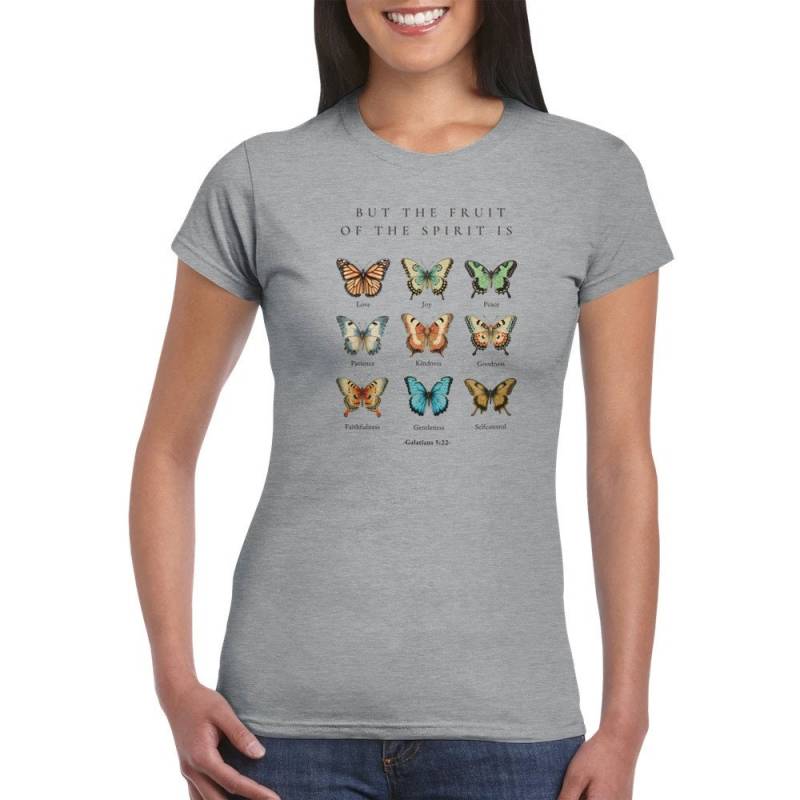 Womens Crewneck T-Shirt "Fruit Of The Spirit" Butterfly von goodversestudio