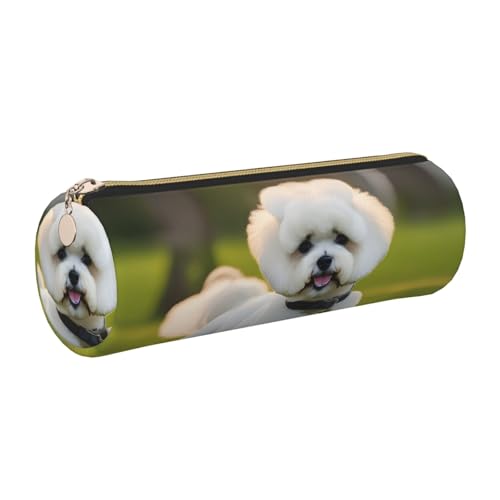 Bichon Frisé Federmäppchen aus Leder mit Hund auf dem Gras, schlanke ästhetische Ledertasche, Schreibwaren-Organizer-Tasche mit tragbarem Metallring, gold, Einheitsgröße, Kartenhalter von gopoo