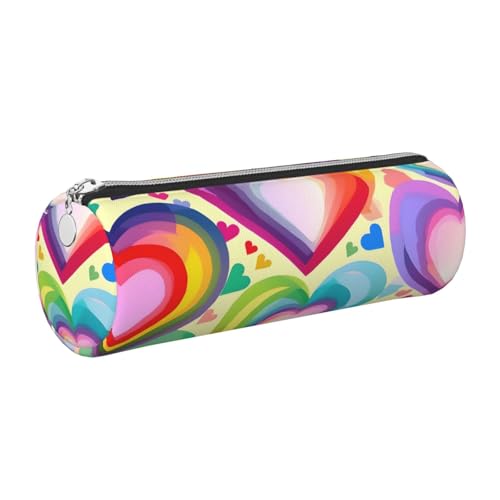 Federmäppchen aus Leder mit Herzen in Regenbogenfarben, schlanke ästhetische Ledertasche, Schreibwaren-Organizer-Tasche mit tragbarem Metallring, silber, Einheitsgröße, Kartenhalter von gopoo